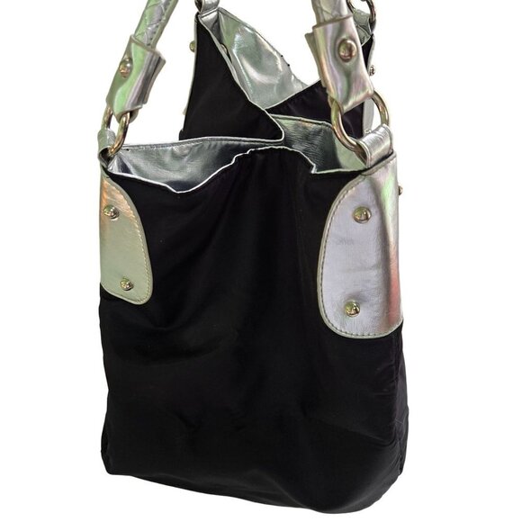 Attention Black Silver Convertible Designer Inspired Large Tote Bag - Picture 2 of 10